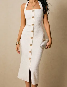 Vestido midi halter de tweed marfil con botones de rosa dorada Elegante columna, vestido midi de tweed, vestido de cuello halter, vestido ajustado, ve - Shein - FashionsVida