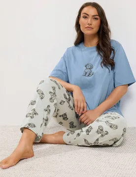 Women's Puppy Wide Leg Pyjama Set in Baby Blue Size: 14-16 - Baby Blue - Size: 14-16 - Yours - FashionsVida