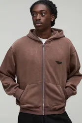 Herren Übergroßer Kastenförmiger Kapuzenpullover Mit Reißverschluss In Limitierter Auflage Mit Gewaschener Oberfläche Und Erhabener Schrift Washe