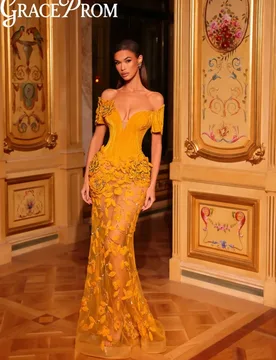 Mustard Luxury Beaded Evening Dress Charming 3D Floral Off Shoulder Wedding Party Gown 2026 Customized Illusion Banquet Dresses - Aliexpress - FashionsVida