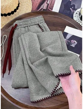 Pantalones de invierno casuales retro grises para mujer, pantalones de chándal holgados rectos y ajustados, pantalones con ribete de encaje de color - Shein - FashionsVida