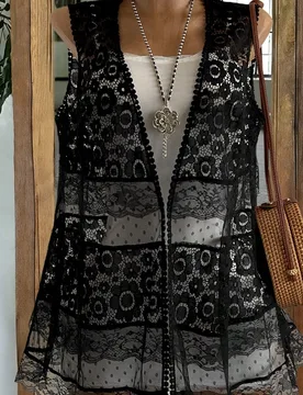 Cardigan sin mangas con diseño floral hueco para mujer talla grande, ropa de cobertura de encaje negro, elegante para cena, noche, verano, vacaciones - Shein - FashionsVida