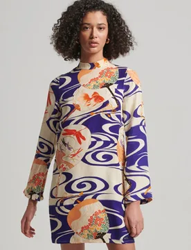 Superdry Damen Rosa, Weiß und Orange Langärmeliges Minikleid mit Print, Größe: 36 - 89.99 - FashionsVida