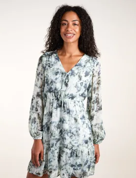Tie Front Watercolour Mini Dress - M / BLUE PATTERN - female - Blue Vanilla - FashionsVida