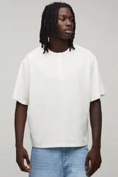Mens Relaxed Fit Waffle Henley T-Shirt - Ecru Cotton - Size Medium