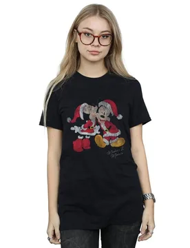 Women's Mickey & Minnie Christmas Kiss Cotton Boyfriend T-Shirt in Black Size: Medium - Black - Size: M - Disney - FashionsVida