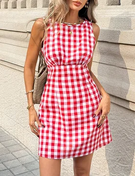 Vestido corto minimalista de mujer con cuello redondo sin mangas, cintura a cuadros M - Shein - FashionsVida