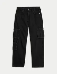 Pure Cotton Cargo Jeans (6-16 Yrs) Black male