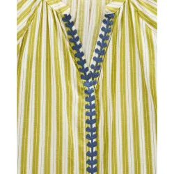 Vestido largo 100% algodón con bordados a contraste y rayas