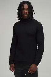 Mens Tall Muscle Fit Ribbed Roll Neck Knitted Jumper - Black - Size 2xl