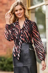 Womens Black & Red Chic Print Tie Neck Blouse - Size 10 Uk