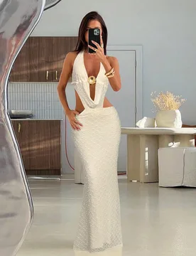 Vestido de mujer con escote en V profundo, estampado de estrella de mar, unicolor, textura, cuello halter, espalda descubierta y abertura alta para va - Shein - FashionsVida