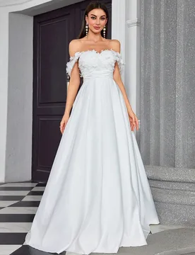 Vestido de novia largo de satén blanco elegante y romántico con hombros descubiertos, escote en V y patchwork floral 3D para mujer Mgiacy, adecuado - Shein - FashionsVida