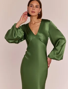 Valencia Dress in Olive Viscose Satin - 8 - Rewritten - FashionsVida
