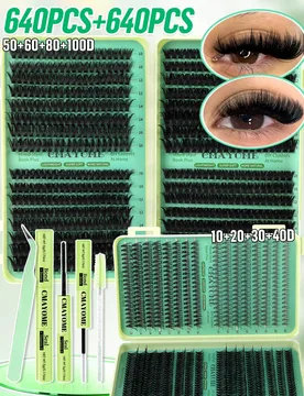 Kit de extensión de pestañas en racimo de 640 piezas, rizo D, densidad mixta 10D-100D, longitud 8-16mm, gran capacidad, adecuado para principiantes, - Shein - FashionsVida