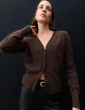 Brushed Pure Cashmere V Neck Slim Cardigan Bitter Chocolate female - Autograph - FashionsVida