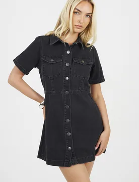 Womens Black Collared A-Line Denim Mini Dress - Size 14 Uk - Brave soul - FashionsVida