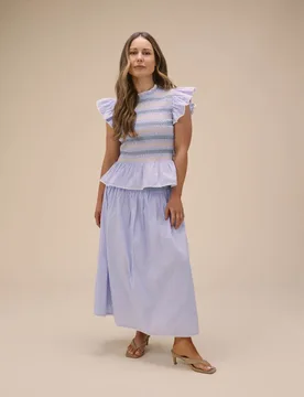 Pure Cotton Striped Shirred Midi Skirt Blue female - Nobody's Child X Louise Thompson - FashionsVida