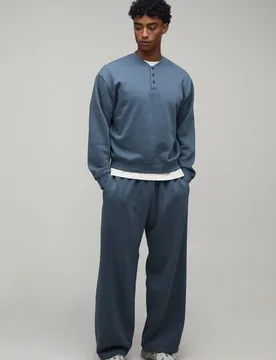 Mens Overiszed Boxy Henley Sweatshirt And Wide Leg Jogger - Grey Cotton - Size Medium - boohooMAN - FashionsVida