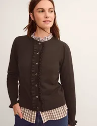 Crew Neck Ruffle Button Front Cardigan Chocolate female
