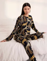 Jersey Leopard Print Cuffed Pyjama Set Navy female