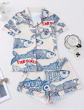 Piezas Conjunto de pijama de mujer, estampado de sardinas, ropa de estar en casa, conjunto de primavera/verano para vacaciones, blusa de manga corta c - Shein - FashionsVida