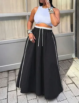 Falda larga deportiva de cintura con bloques de color, cintura alta con cordón, rayas blancas laterales, suelta y casual estilo paraguas L - Shein - FashionsVida