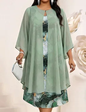 Conjunto elegante y casual de verano para mujer talla grande, verde salvia, estilo tropical para boda y noche, vestido de cuello redondo y cárdigan d - Shein - FashionsVida