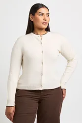 Womens Plus Super Soft Contrast Neck Knitted Cardigan - Beige Viscose - Size 16 Uk