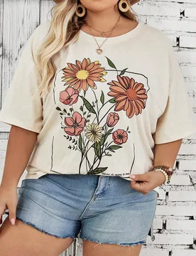 Camiseta holgada de manga corta y cuello redondo de talla grande para mujer, con estampado de vacaciones en color albaricoque, estilo bohemio de vacac - Shein - FashionsVida
