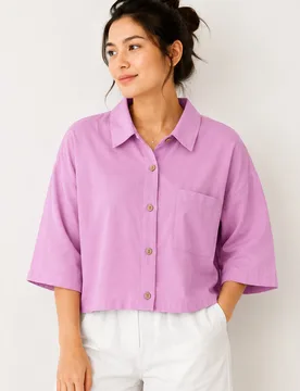 Womens Dusty Pink Cotton Cropped Button Up Shirt - Size 4 Uk - Gini London - FashionsVida