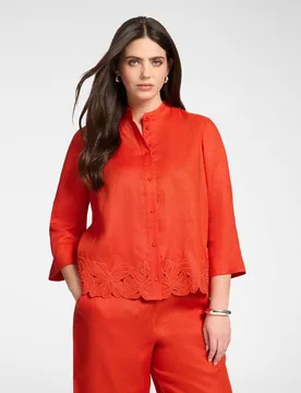 Camisa de mujer de lino con bordados ajuste boxy con cierre de botones - Elena Miró - FashionsVida