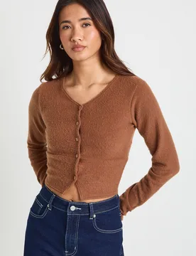 Womens Wool Rib Button Through Cardigan - Dark Brown - Size 8 Uk - Boohoo - FashionsVida