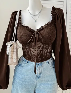 Blusa romántica acolchada de talla grande para mujer con mangas de farol, patchwork de encaje y cuello cuadrado, adecuada para citas y fiestas, otoñ - Shein - FashionsVida