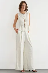 Womens Wide-Leg Striped Pleated Pants - Ivory - Size Medium