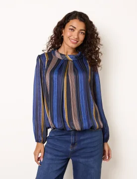 Metallic Vertical Multi Stripe Cowl Neck Blouse - S/M / NAVY - female - Blue Vanilla - FashionsVida