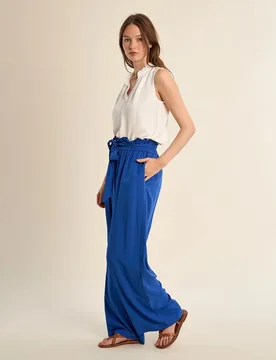 Pantalón ancho de mujer largo con lazada y pliegues - Molly Bracken - FashionsVida