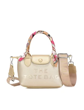 Women's Bronte PU Leather Scarfed Mini Top Handle Tote Bag in Gold - Gold - Size: One Size - Fontanella Fashion - FashionsVida
