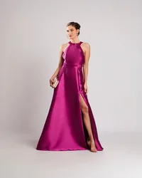 Customized Elegant Evening dresses 2025 A-line Halter Satin Floor length Side Slit Open-back Zipper Ribbon Prom Formal Dresses
