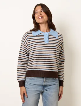 Stripe Knit Polo Jumper - M/L / BURGUNDY/CHOCOLATE - female - Blue Vanilla - FashionsVida
