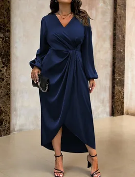 Vestido maxi de manga larga con cuello en V y envolvente con nudo para mujer de talla grande 0XL - Shein - FashionsVida