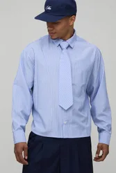 Herren Oversized Boxy Streifenhemd mit Krawatte Blue Größe Small