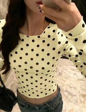Blusa de manga larga ajustada con lunares y encaje, versátil para uso diario casual para mujer M - Shein - FashionsVida