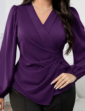Blusa ajustada con mangas farol, volantes y bajo envolvente de unicolor elegante para mujer talla grande, primavera/otoño 2XL - Shein - FashionsVida