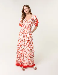 Tropical Print Wrap Belted Waist Jumpsuit - S / ORANGE - female