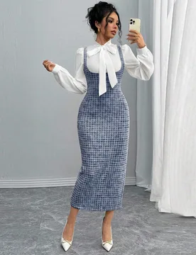 Conjunto de 2 piezas con falda larga de tirantes con estampado de lunares azul y blanco, camisa con cuello blanco y corbata estilo francés, otoño in - Shein - FashionsVida