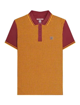 Mens Houndstooth Polo Shirt (Burgundy/gold) Cotton - Size Medium - Lambretta - FashionsVida