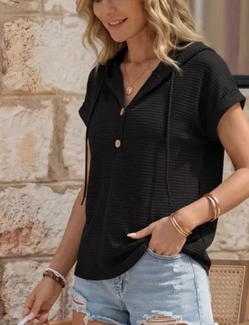 Mujer verano unicolor botón decorado holgado mangas murciélago blusa informal con capucha a cuadros burbujeante XL - Shein - FashionsVida