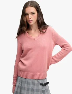 Washed Pure Cotton Jersey V-Neck Slim Jumper Pink female - Superdry & Co - FashionsVida