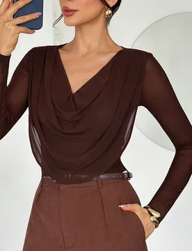 Blusa elegante de mujer con cuello drapeado, cintura ceñida y tejido gracioso M - Shein - FashionsVida